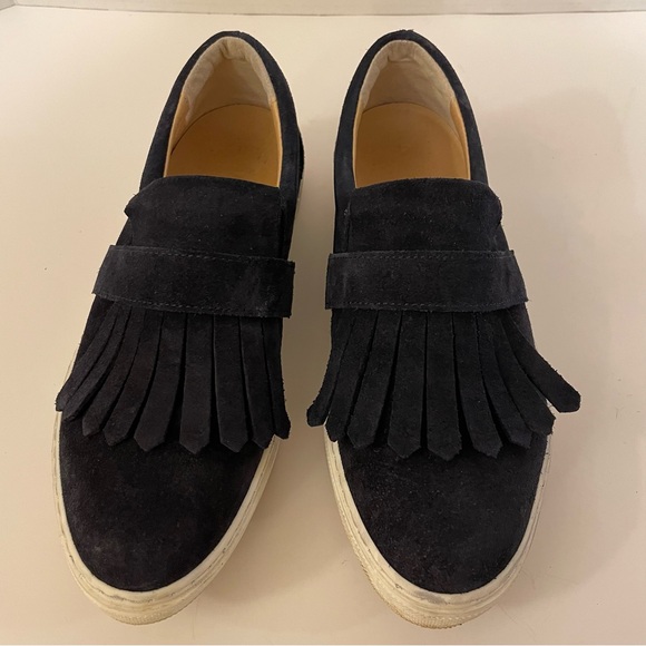 Anthropologie Fringe Slip On Suede Loafers Sneakers Navy Tassel Women US6 EUR37 - Picture 3 of 9